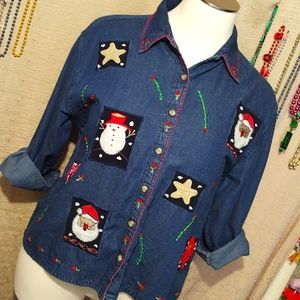 Vintage Sara Studio Ugly Christmas Patch Chambray Shirt 3X
